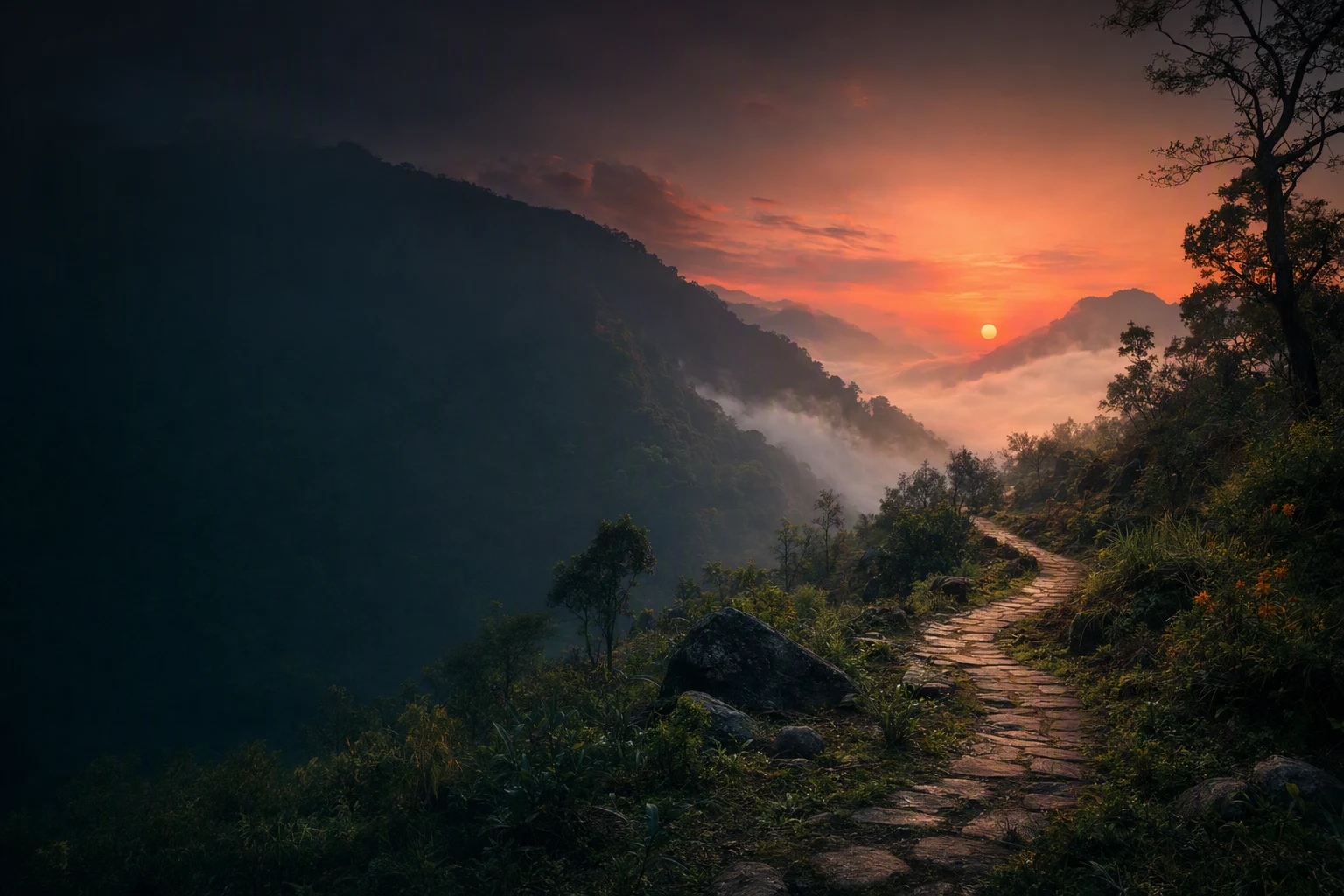 A path through a mountain valley at dawn